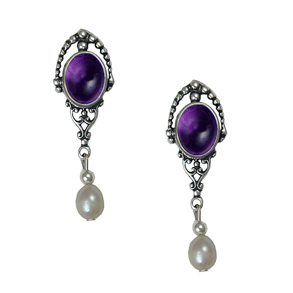 Sterling Silver Cultured Freshwater Pearl Drop Dangle Earrings With Amethyst